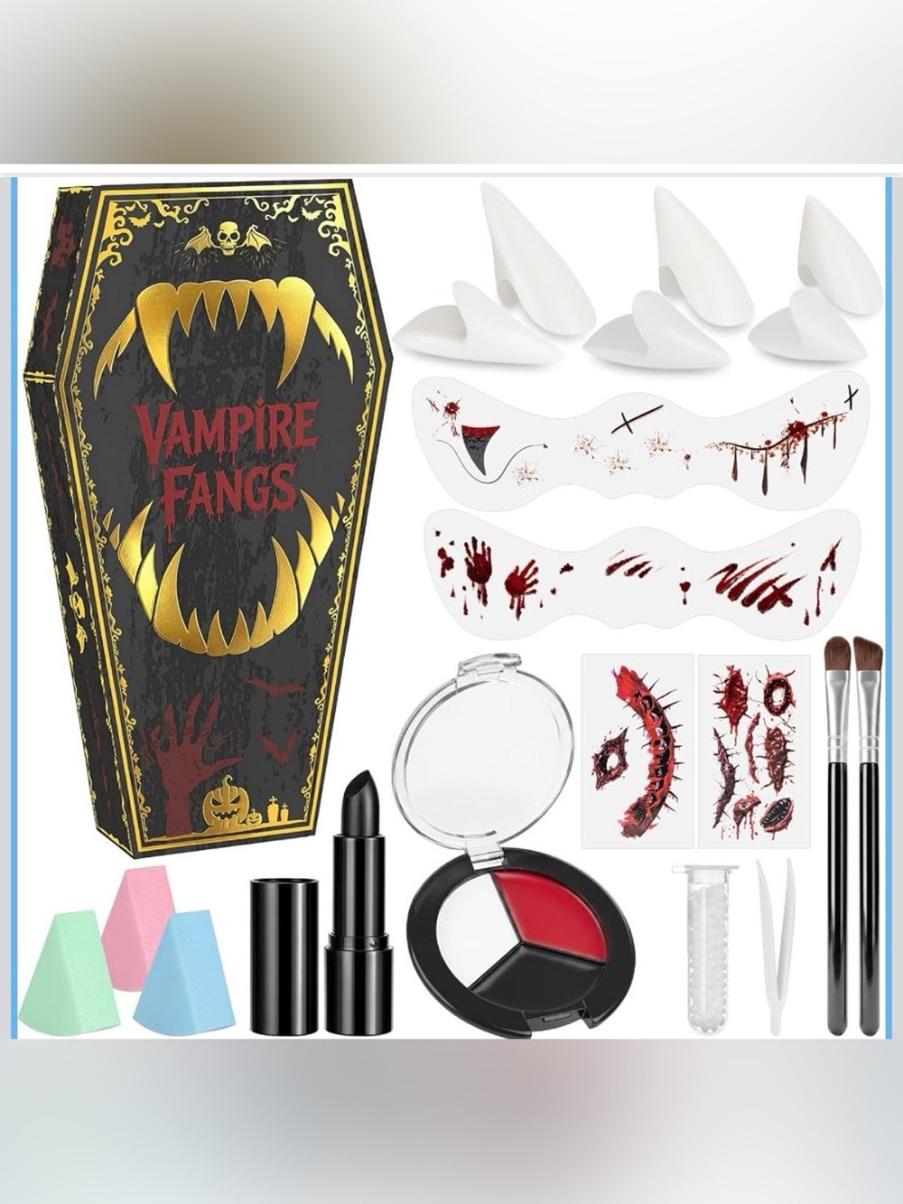 Fake Fangs Vampire Teeth Cosplay Kit+Black Lipstick+3-color face Paint Plate+Sca